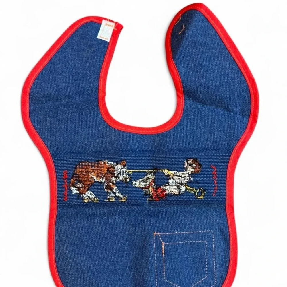 vintage Charles Craft denim cross-stitch baby‎ bib featuring a cowboy and calf